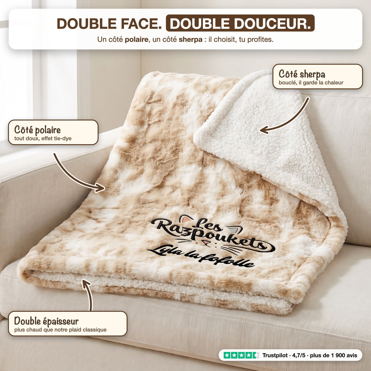 Manta Cocon personalizada de doble cara: cara polar, cara sherpa, doble grosor