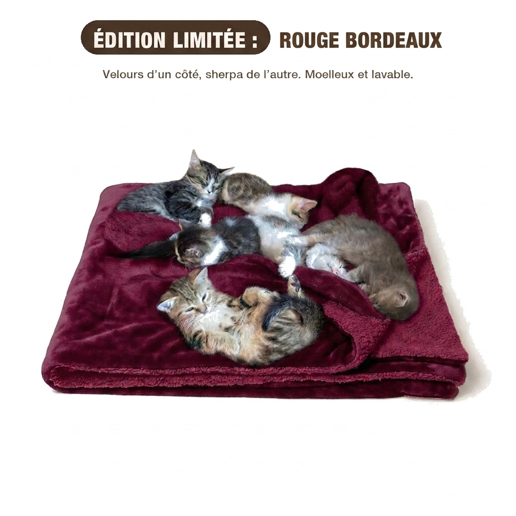 Chatons endormis sur le plaid Razpoukets rouge bordeaux, sherpa framboise au dos