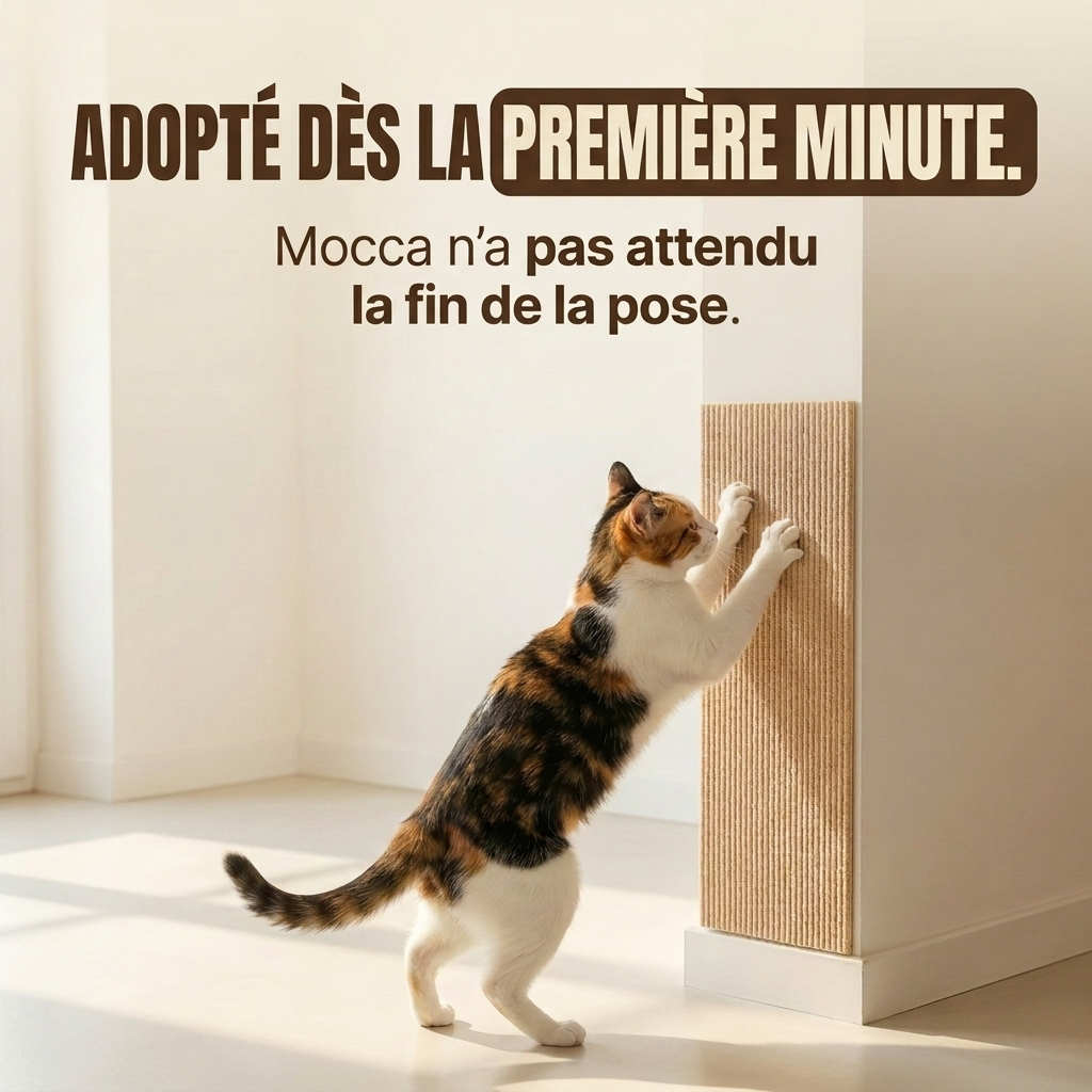 Chat tricolore griffant un griffoir mural adhésif beige posé sur un angle de mur