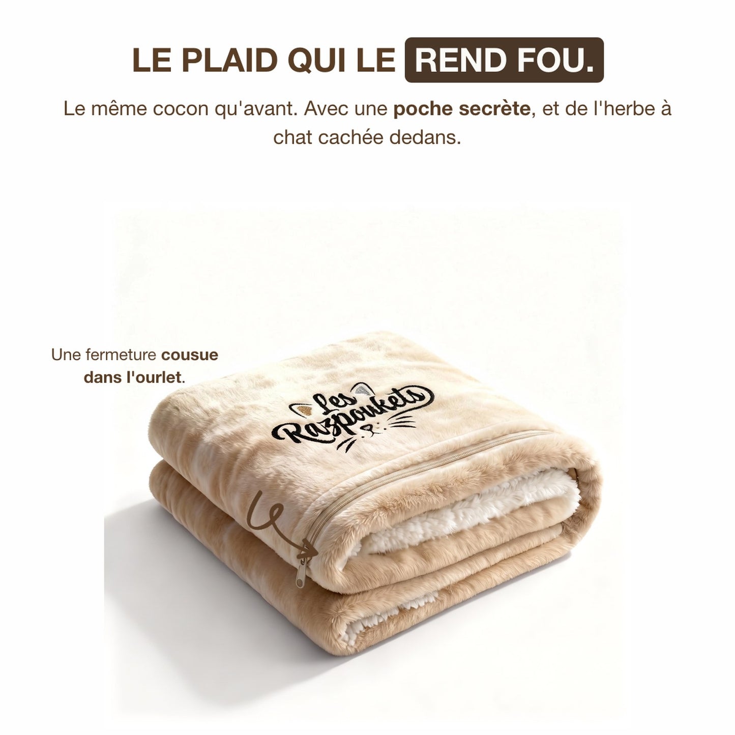 Plaid Razpoukets zippé, poche secrète pour herbe à chat