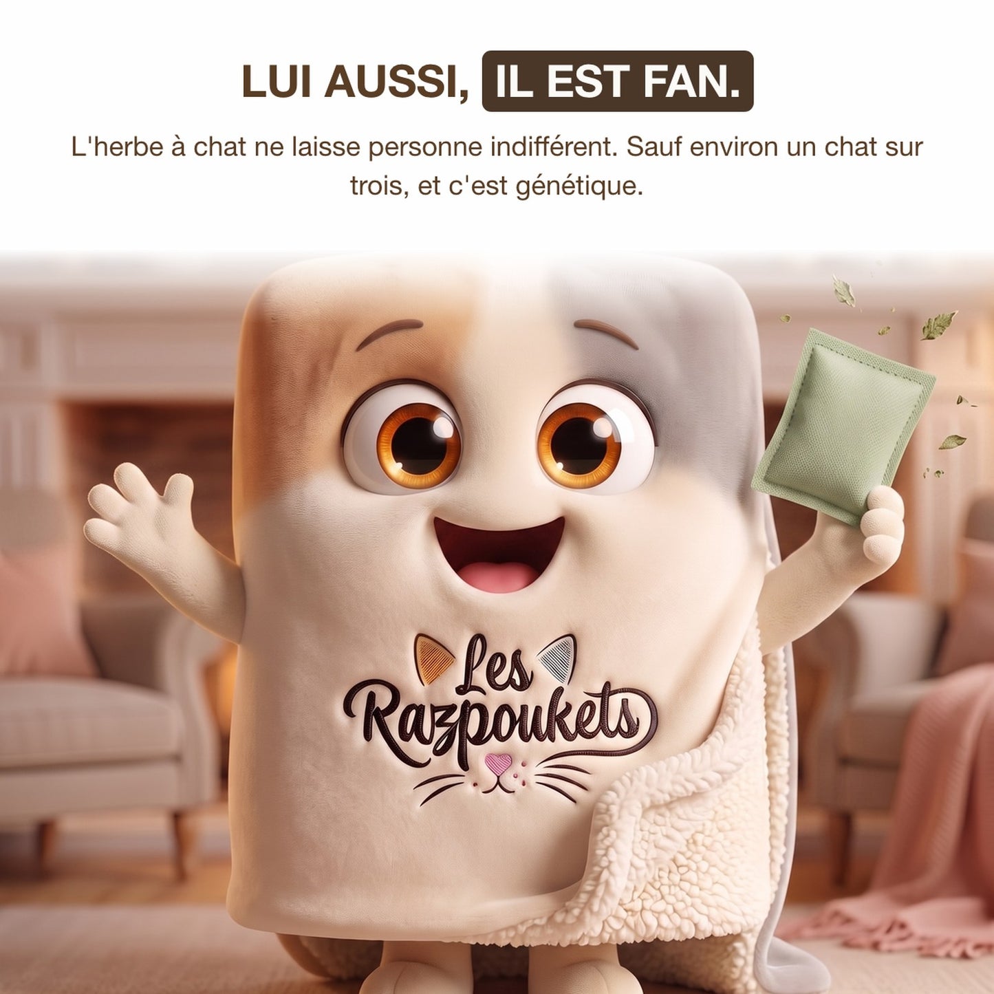 Mascotte plaid Les Razpoukets avec un sachet d'herbe à chat