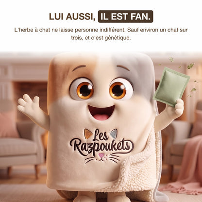 Mascotte plaid Les Razpoukets avec un sachet d'herbe à chat