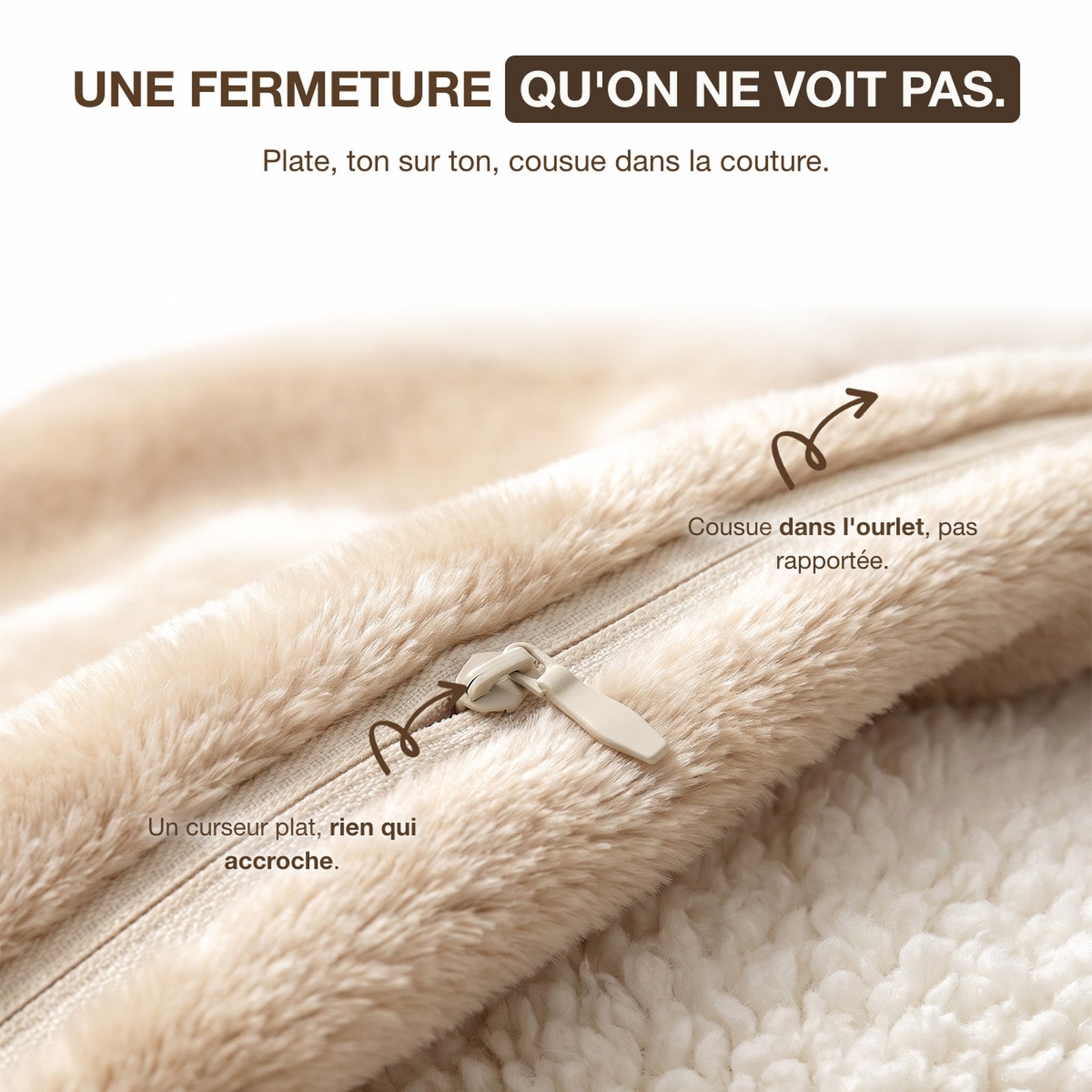 Fermeture plate ton sur ton cousue dans l'ourlet du plaid