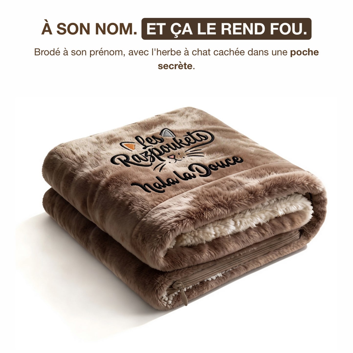 Plaid Razpoukets personnalisé zippé à son nom, poche à herbe à chat