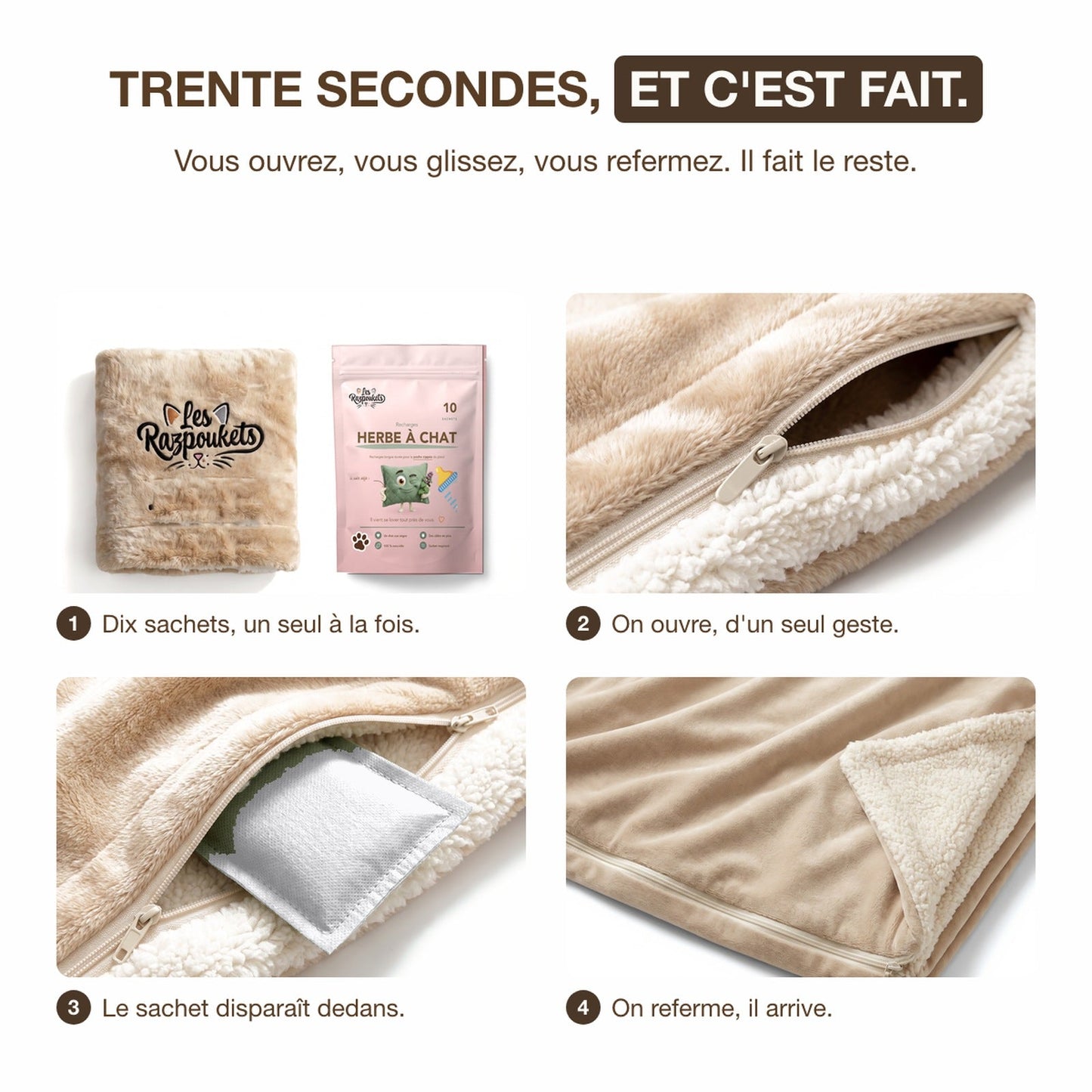 Les 4 étapes : dix sachets, on ouvre, le sachet disparaît, on referme