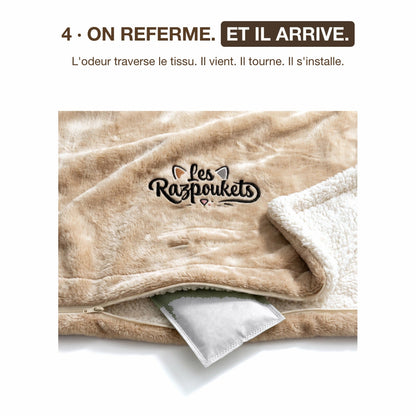 On referme la poche zippée du plaid personnalisé, l'odeur traverse le tissu
