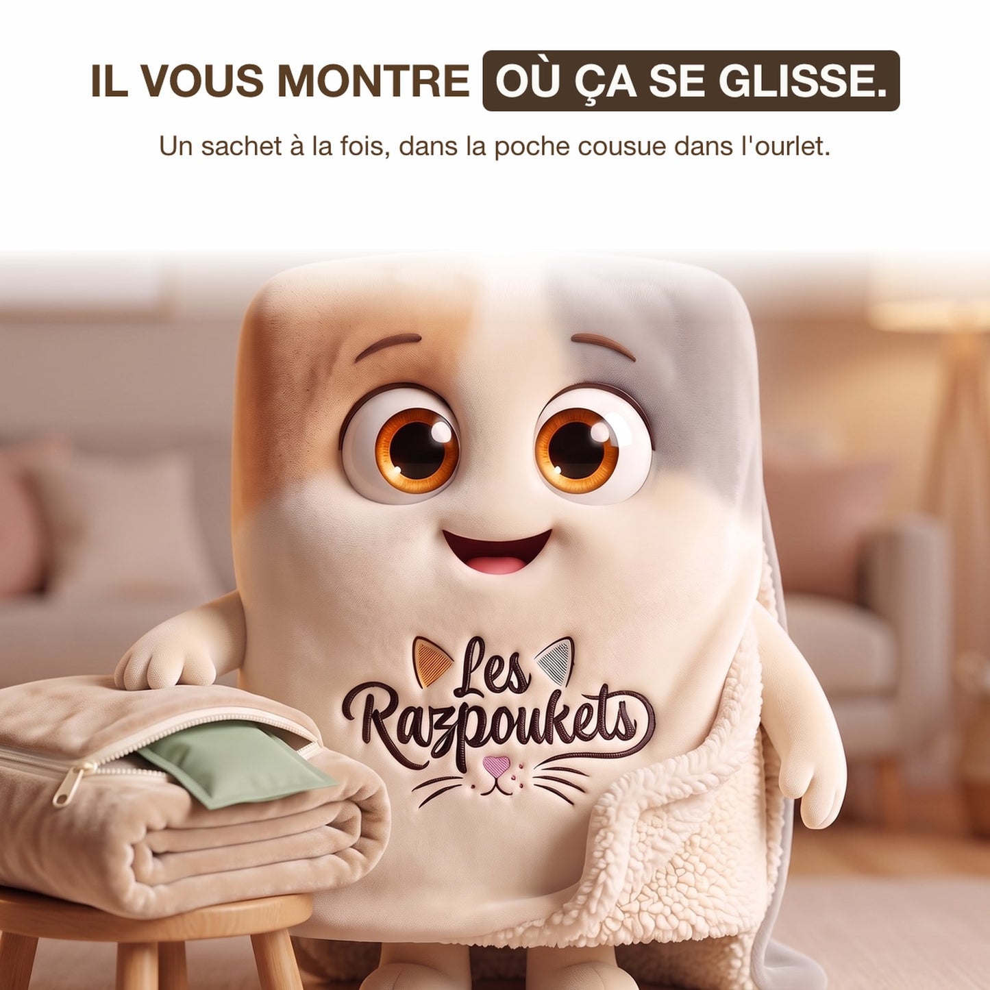 Mascotte plaid qui montre la poche zippée et le sachet d'herbe à chat