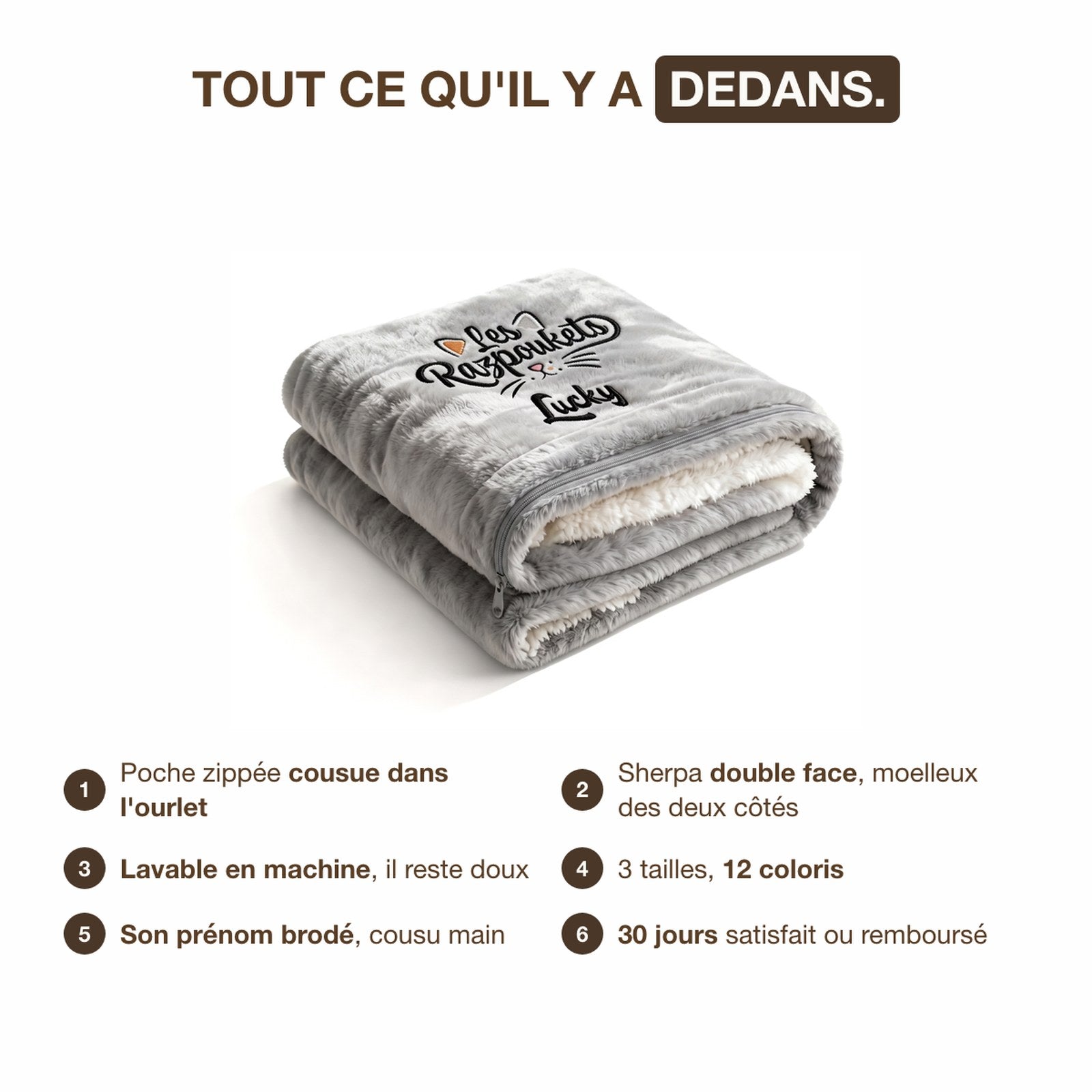 Tout ce qu'il y a dans le plaid personnalisé zippé, six bénéfices