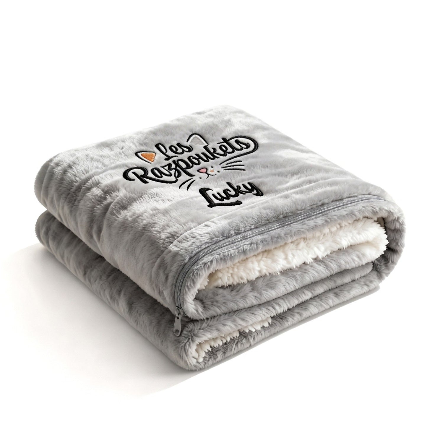 Plaid Razpoukets personnalisé zippé coloris gris, prénom brodé
