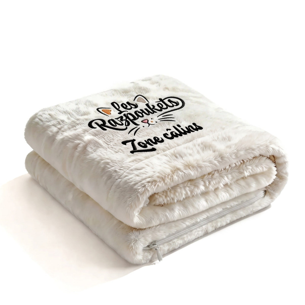 Plaid Razpoukets personnalisé zippé coloris blanc, prénom brodé