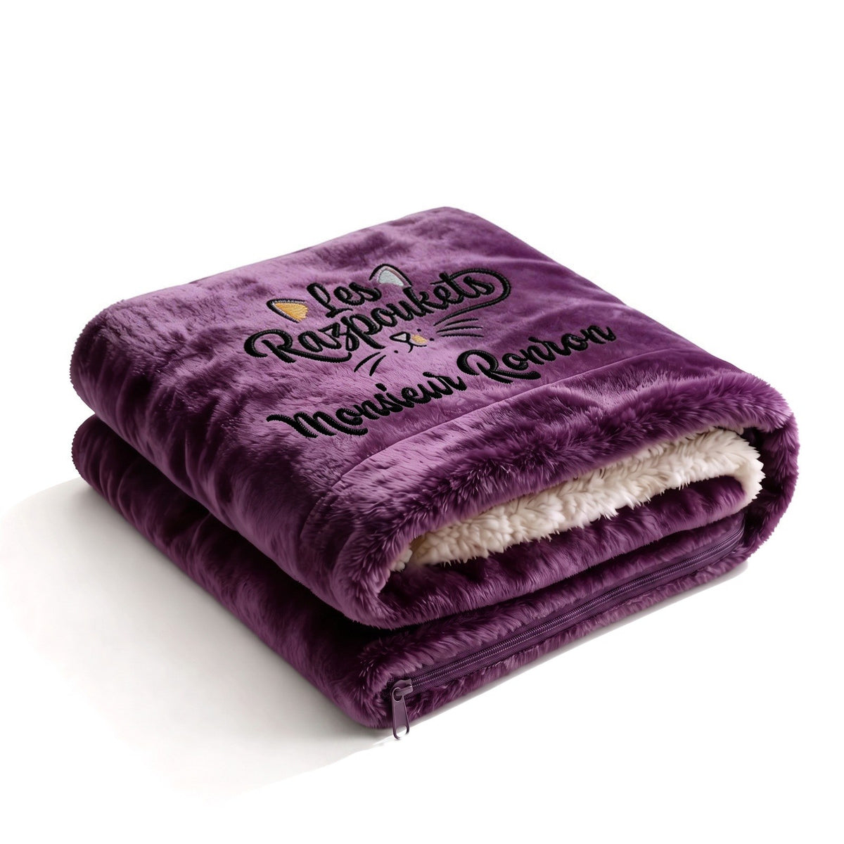 Plaid Razpoukets personnalisé zippé coloris violet, prénom brodé