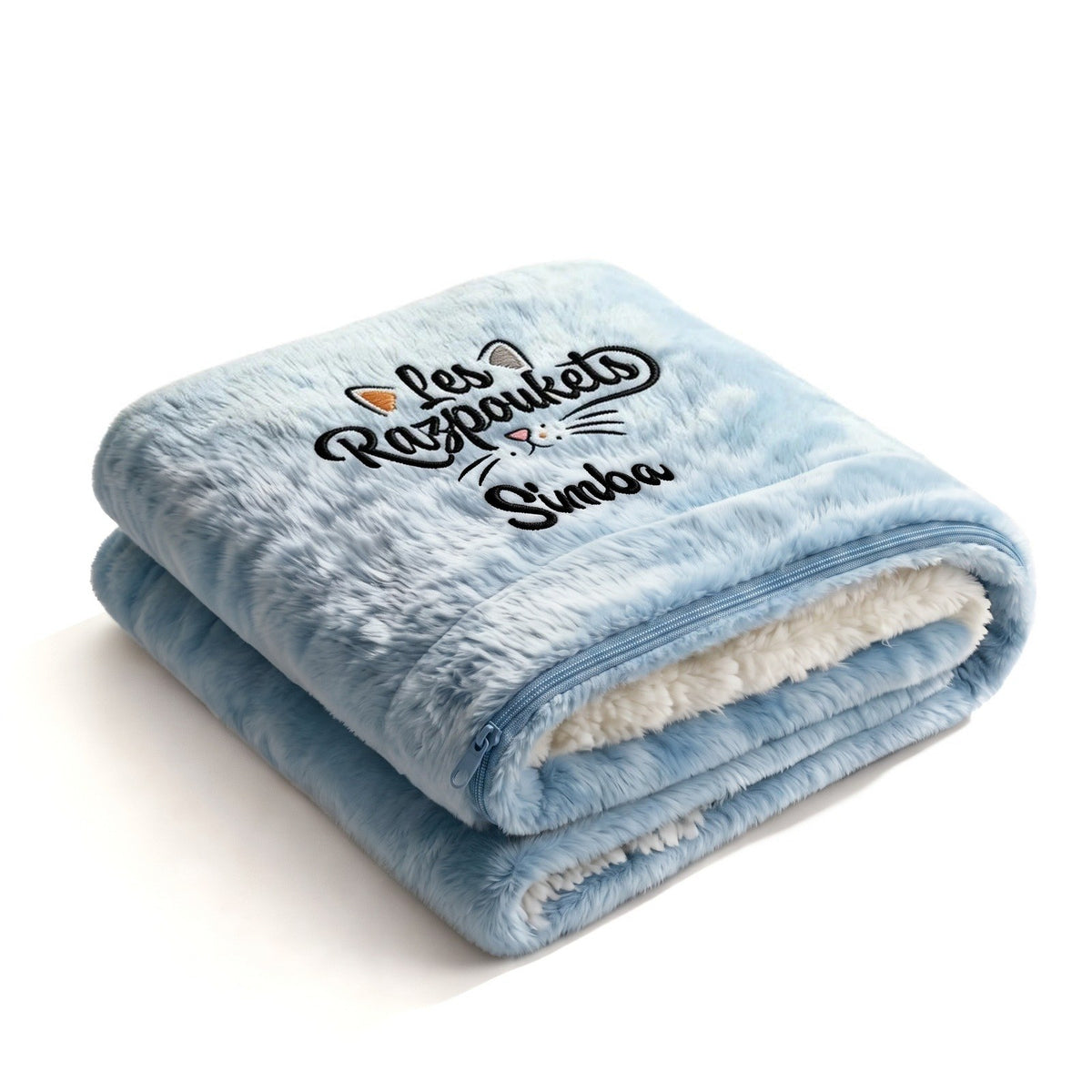 Plaid Razpoukets personnalisé zippé coloris bleu ciel, prénom brodé