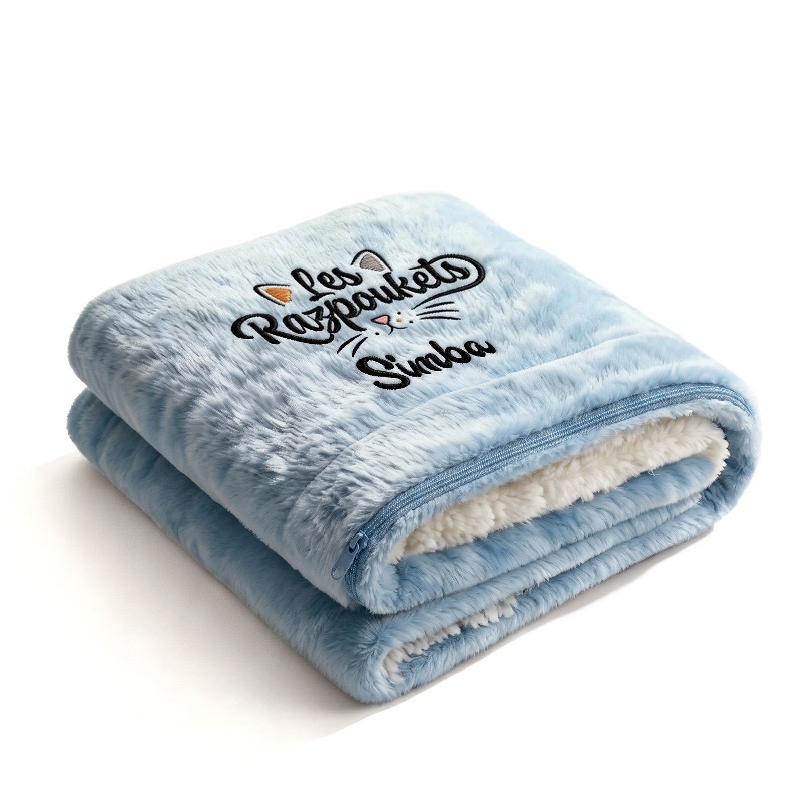 Plaid Razpoukets personnalisé zippé coloris bleu ciel, prénom brodé