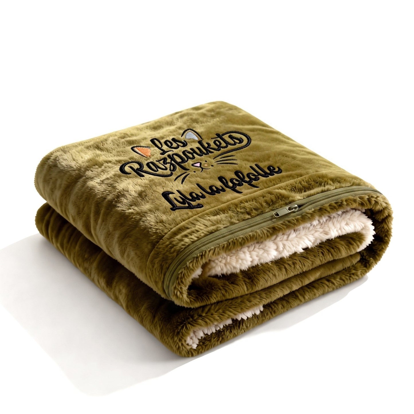 Plaid Razpoukets personnalisé zippé coloris kaki, prénom brodé