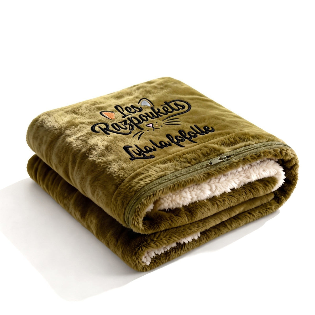 Plaid Razpoukets personnalisé zippé coloris kaki, prénom brodé