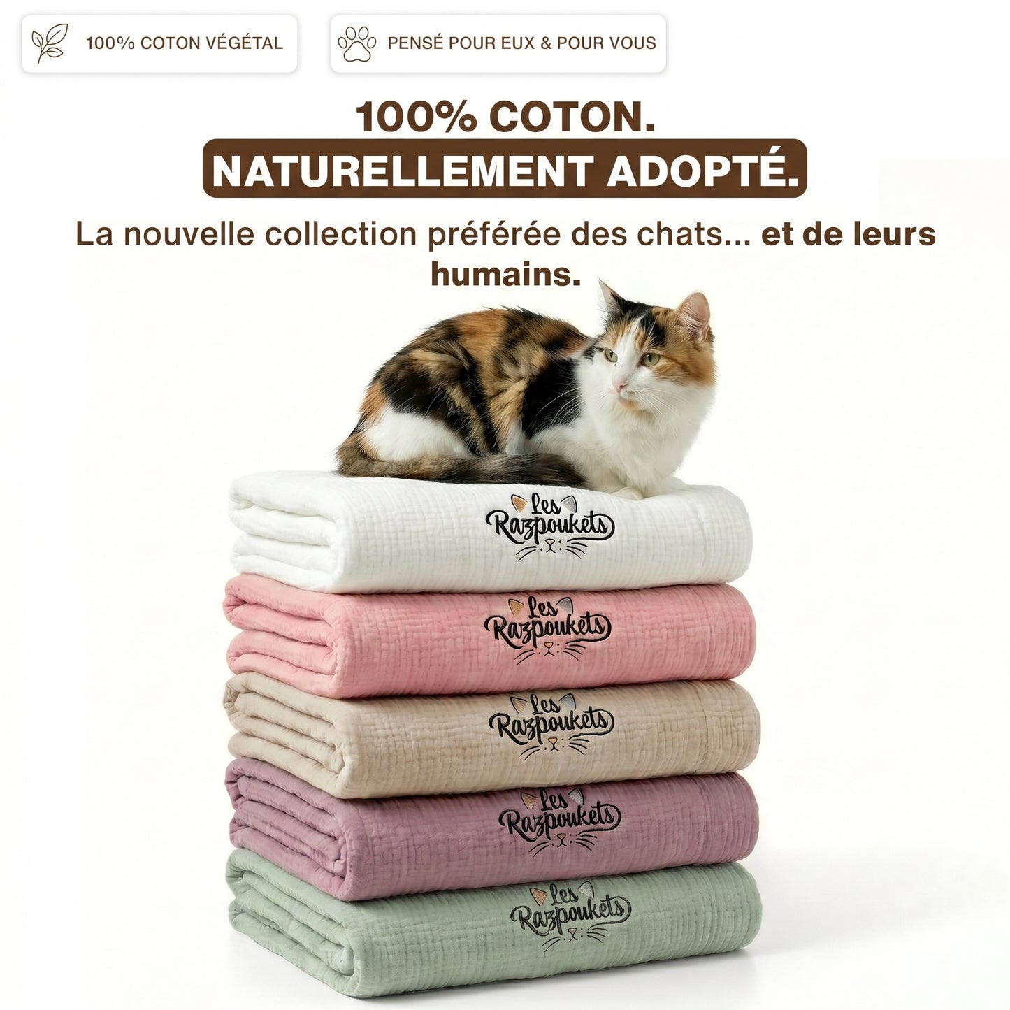 Plaid 100% coton mousseline pour chat — naturel et respirant
