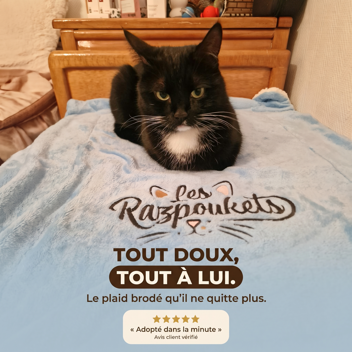 Tan suave, toda suya: un gato blanco y negro sobre su manta Razpoukets azul cielo bordada, opinión verificada de 5 estrellas