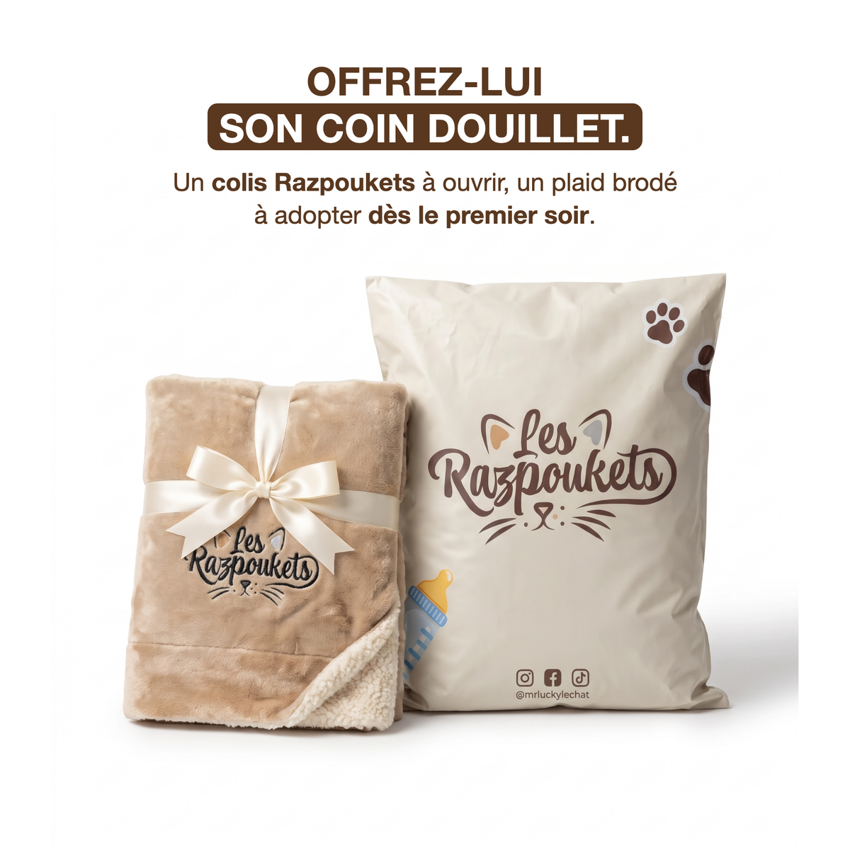 Paquete Les Razpoukets y manta beige bordada doblada, idea de regalo para su gato