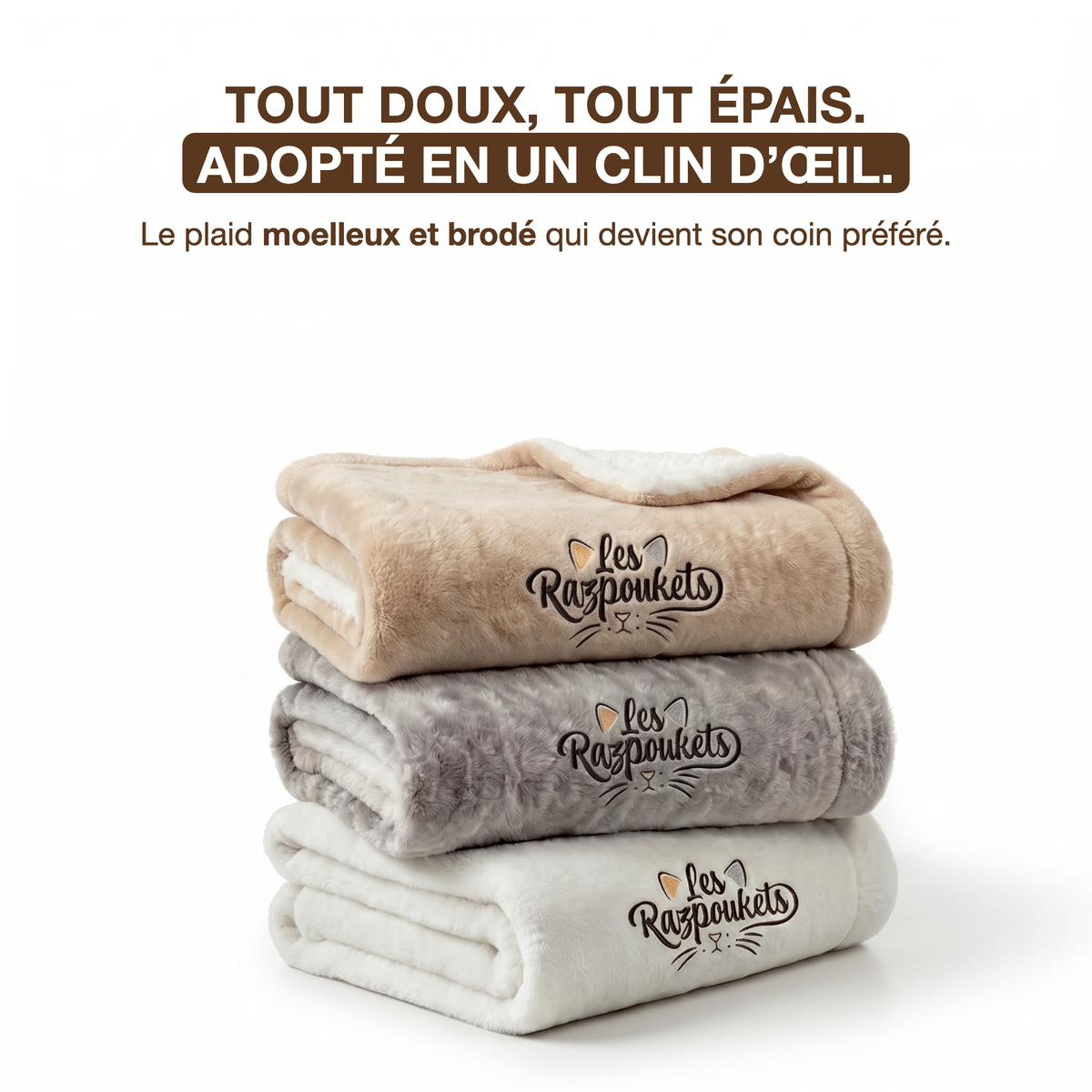 Tres mantas Les Razpoukets bordadas y apiladas, beige, gris y blanco, suaves y mullidas