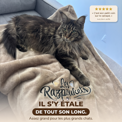 Se estira cuan largo es: un Maine Coon sobre su manta Razpoukets beige bordada, opinión verificada de 5 estrellas
