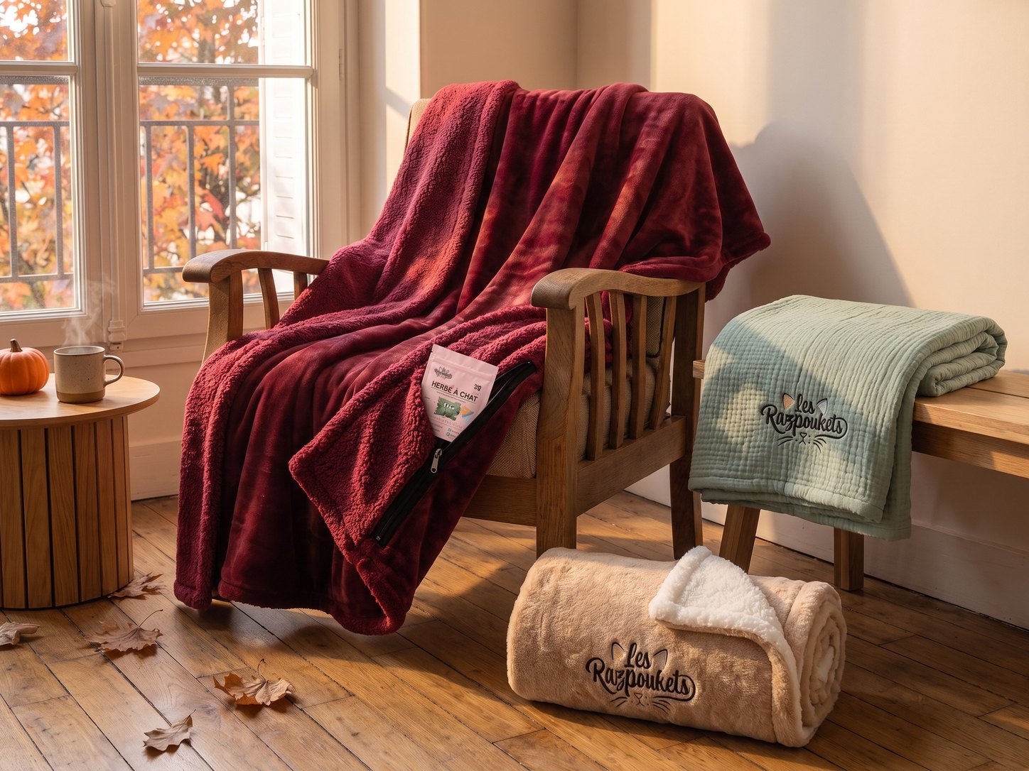 Plaid zippé bordeaux avec sa poche à herbe à chat, plaid 100 % coton vert sauge plié et plaid Razpoukets caramel roulé, dans un salon d’automne