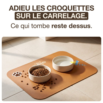 Tapis de gamelle sous les gamelles du chat, les croquettes tombees restent dessus