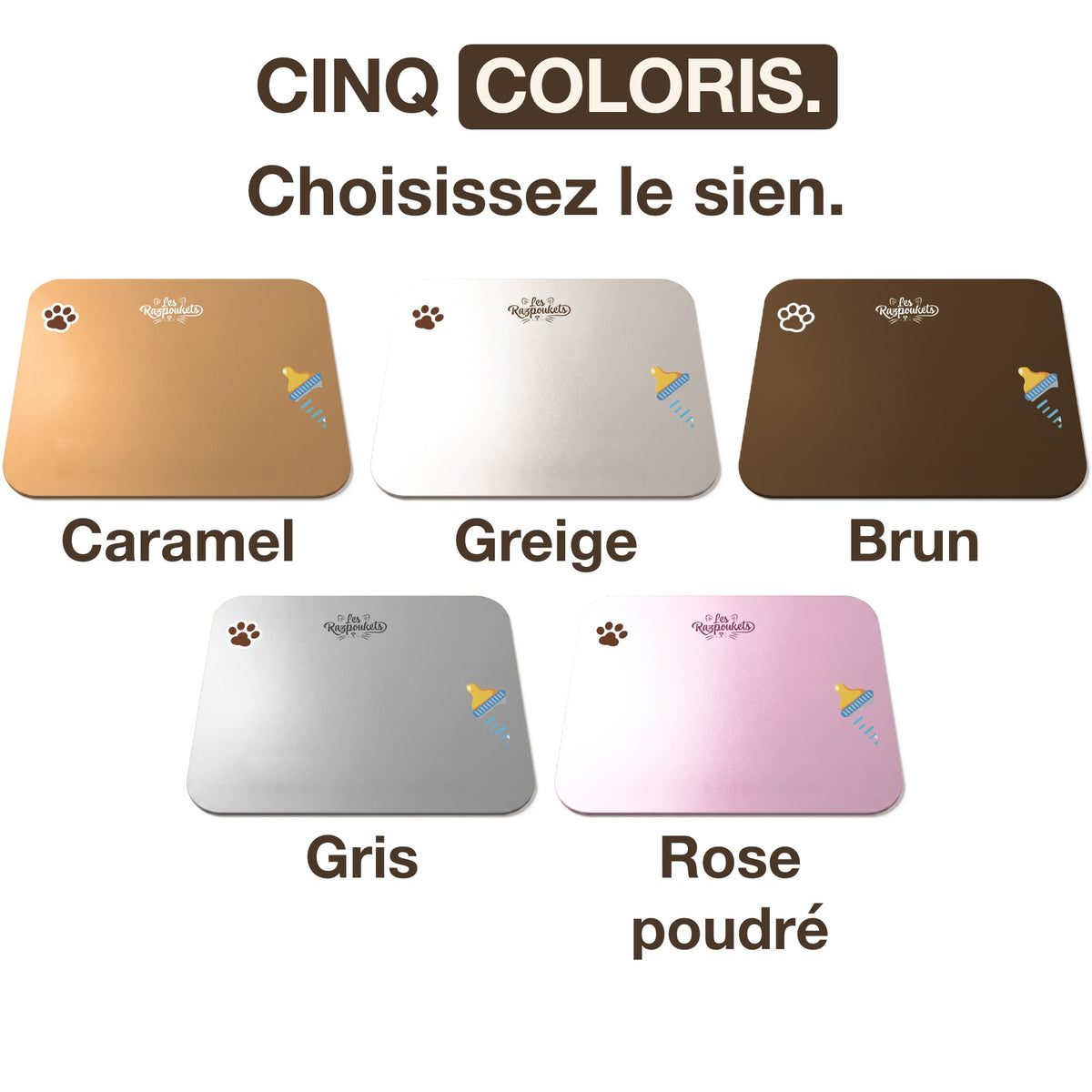 Les cinq coloris du tapis de gamelle Razpoukets : caramel, greige, brun, gris et rose poudre