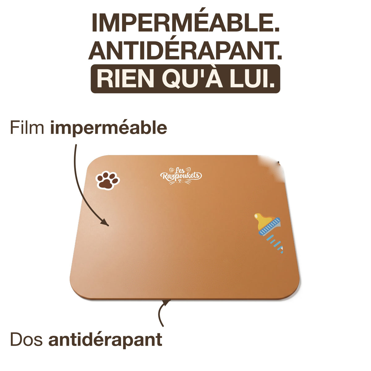 Tapis de gamelle : film impermeable sur le dessus, dos antiderapant