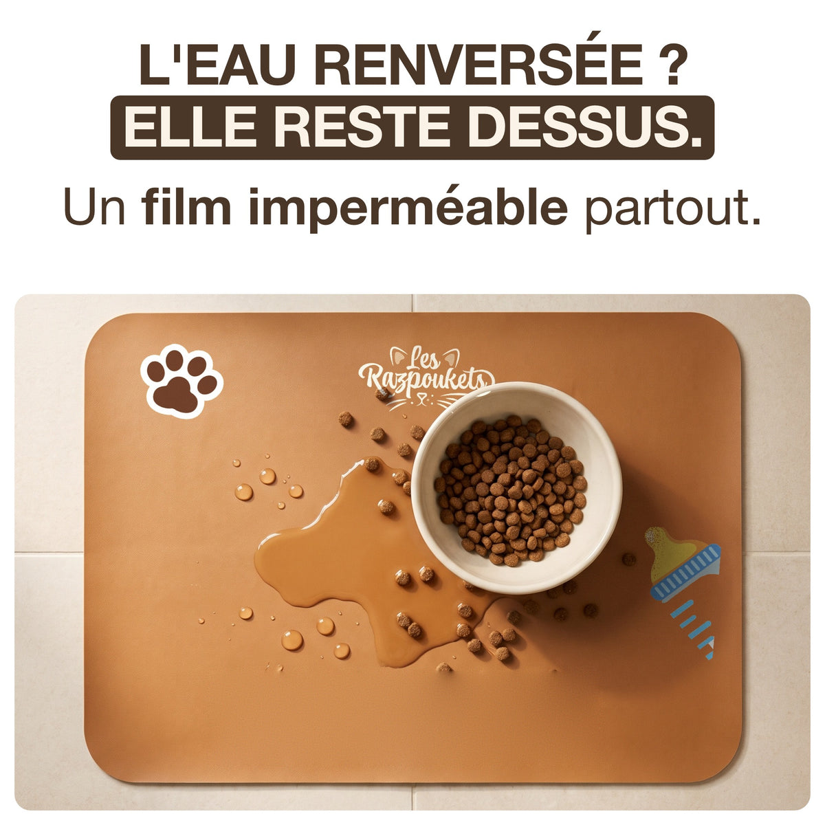 Eau renversee et croquettes qui restent sur le tapis de gamelle, film impermeable