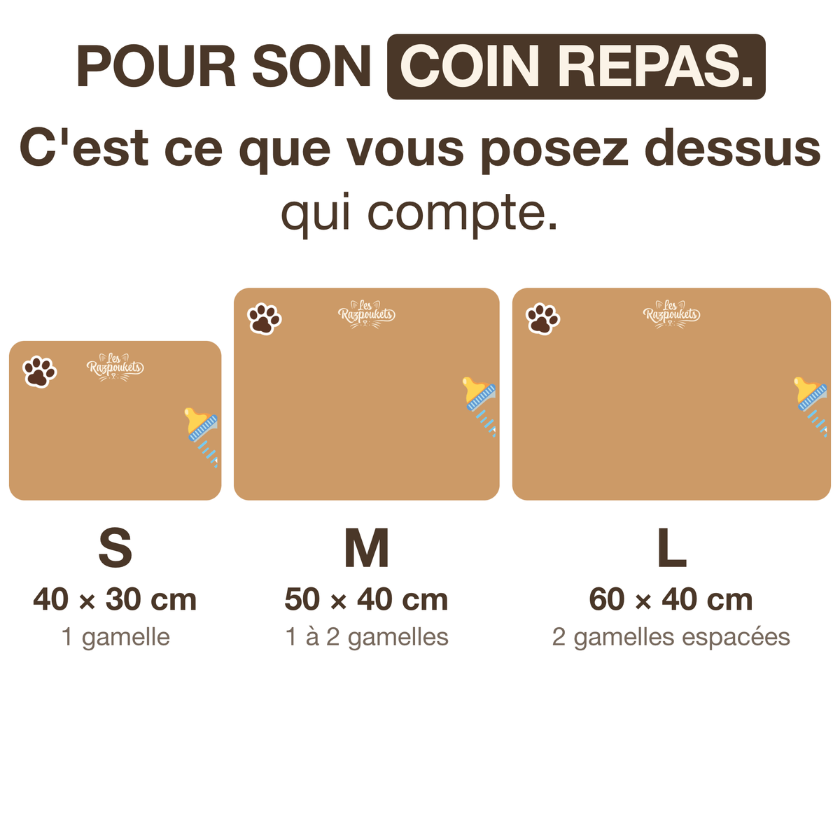 Les trois tailles du tapis de gamelle : S 40 x 30 cm, M 50 x 40 cm et L 60 x 40 cm