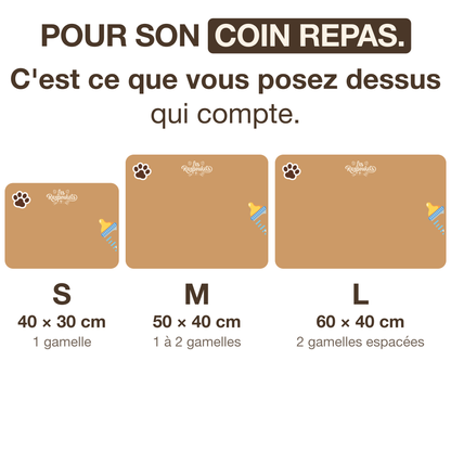 Les trois tailles du tapis de gamelle : S 40 x 30 cm, M 50 x 40 cm et L 60 x 40 cm